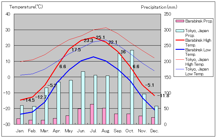 バラビンスク気温、一年を通した月別気温グラフ