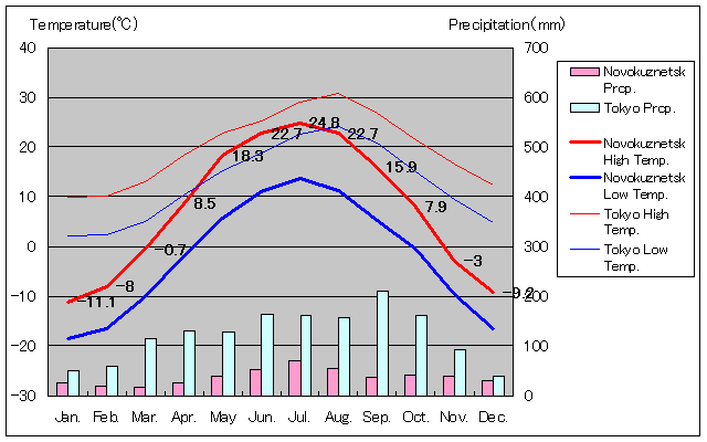 ノヴォクズネツク気温、一年を通した月別気温グラフ