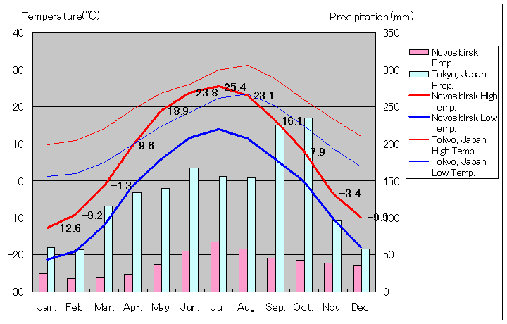 ノボシビルスク気温、一年を通した月別気温グラフ