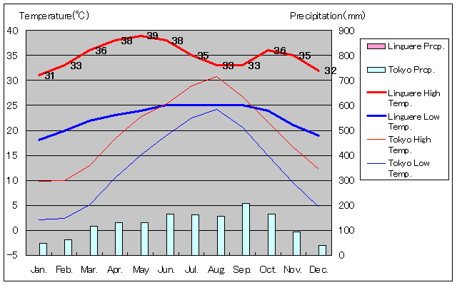リンゲール気温、一年を通した月別気温グラフ