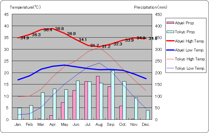 アビエイ気温、一年を通した月別気温グラフ