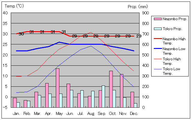 ニゴンボ気温、一年を通した月別気温グラフ