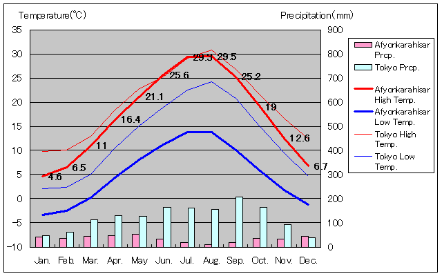 アフィヨンカラヒサール気温、一年を通した月別気温グラフ