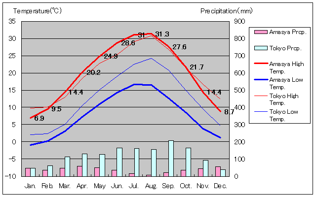 アマスヤ気温、一年を通した月別気温グラフ