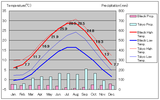 ビレジク気温、一年を通した月別気温グラフ