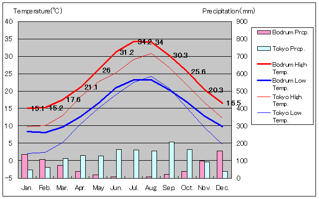 ボドルム気温、一年を通した月別気温グラフ