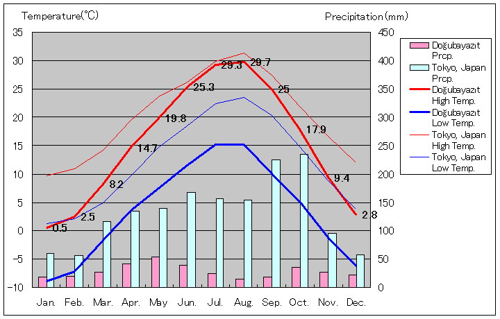 ドゥバヤジット気温、一年を通した月別気温グラフ