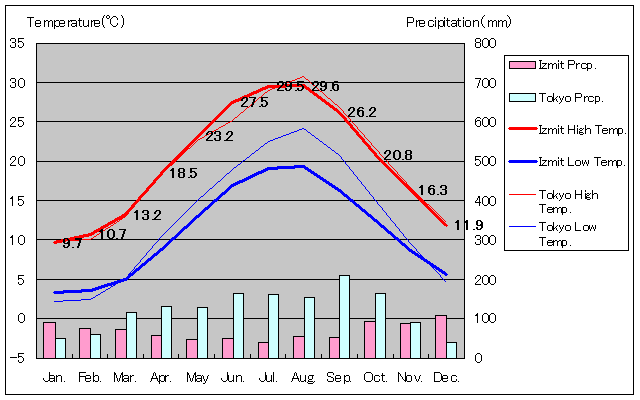 イズミット気温、一年を通した月別気温グラフ