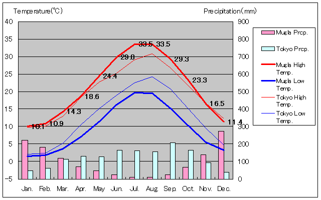ムーラ気温、一年を通した月別気温グラフ