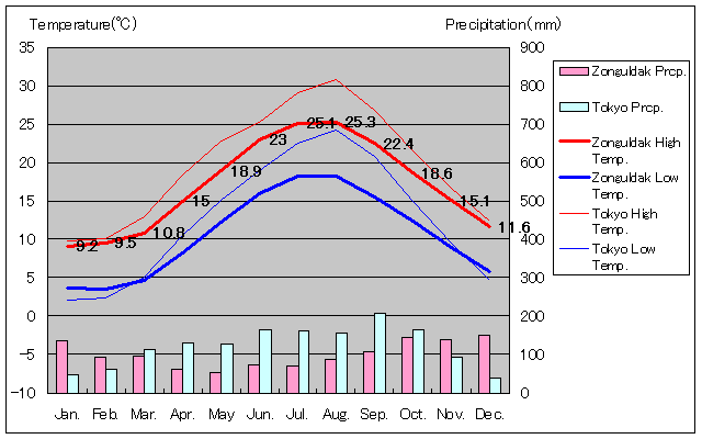 ゾングルダク気温、一年を通した月別気温グラフ