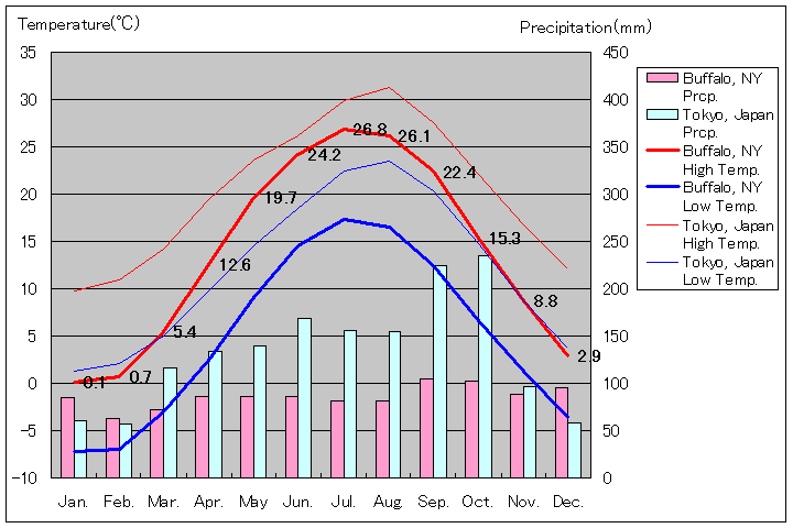 バッファロー気温、一年を通した月別気温グラフ