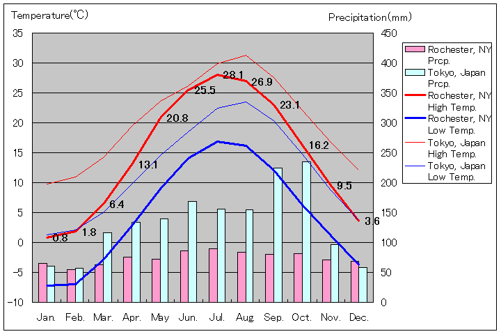 ロチェスター気温、一年を通した月別気温グラフ