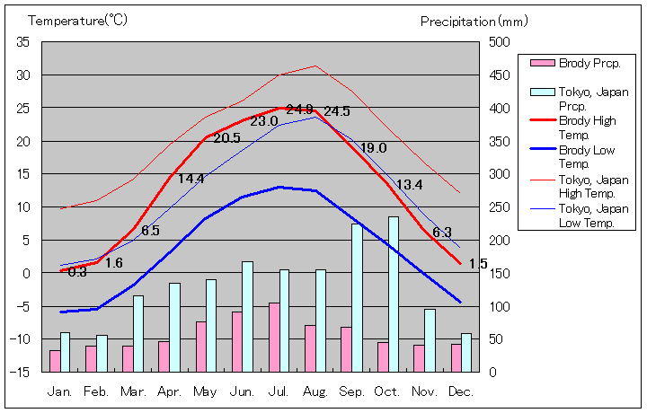 ブロディ気温、一年を通した月別気温グラフ