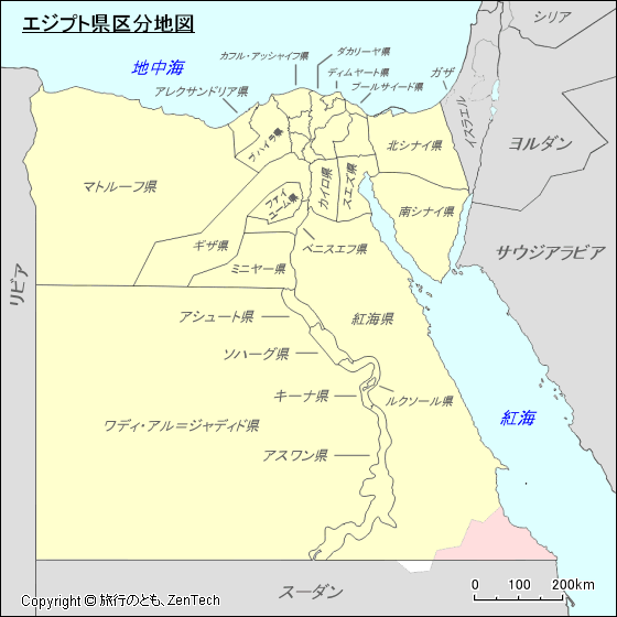 旧区分、県名入りエジプト県区分地図