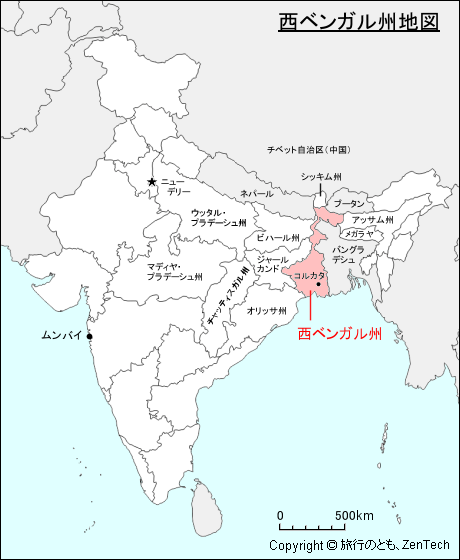 インドにおける西ベンガル州地図