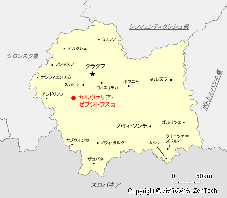 マウォポルスカ県カルヴァリア・ゼブジトフスカ地図