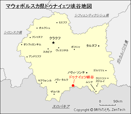 マウォポルスカ県ドゥナイェツ峡谷地図