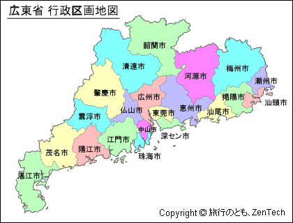 色付き地級市名入り広東省 行政区画地図