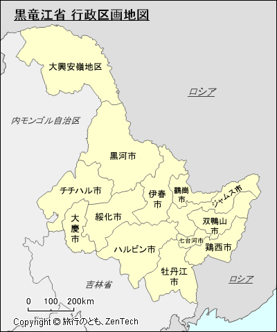 黒竜江省 行政区画地図