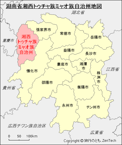 湖南省湘西トゥチャ族ミャオ族自治州地図