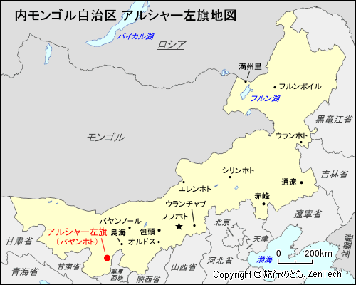 内モンゴル自治区 アルシャー左旗地図