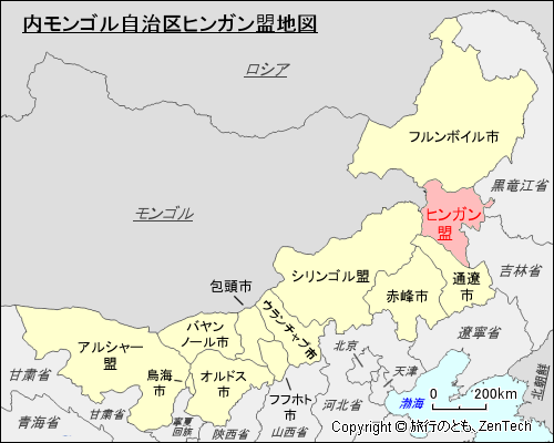 内モンゴル自治区ヒンガン盟地図