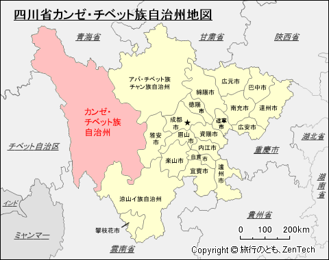 四川省カンゼ・チベット族自治州地図