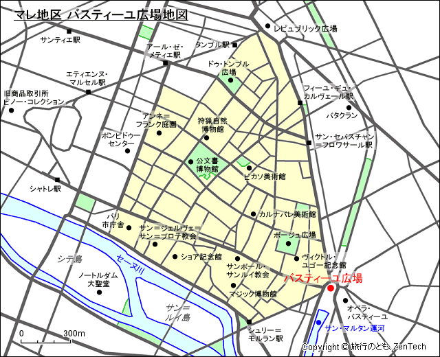 マレ地区 バスティーユ広場地図