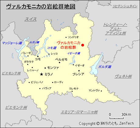 ロンバルディア州ヴァルカモニカの岩絵群地図