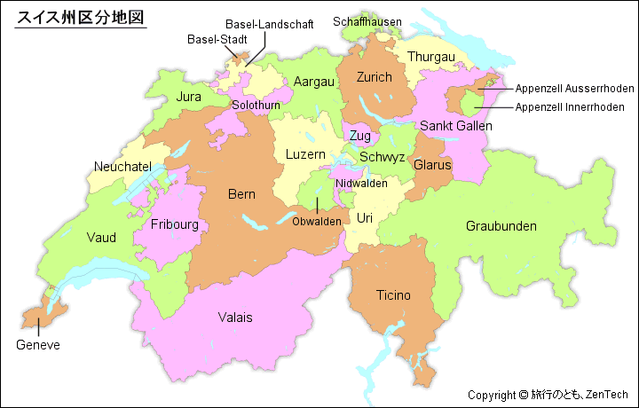 スイス州区分地図 旅行のとも Zentech