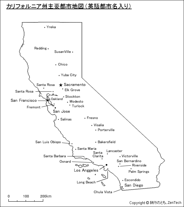 アメリカ合衆国 カリフォルニア州主要都市地図 英語都市名入り 旅行のとも Zentech